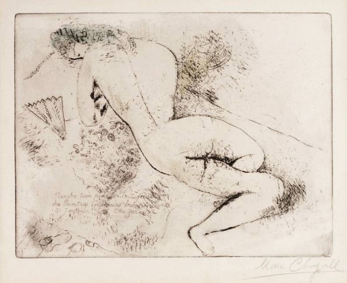 Marc Chagall
Akt mit Facher, 1925
Etching with drypoint
8 1/4 x 10 7/8 in. (21 x 27.6 cm)
With pencil and hand coloring in watercolor/goucheFrom: Le Portefeuille des Peintres-Graveurs IndÃ©pendant pour 1925 (Kornfeld 39; see Cramer Books 4)
