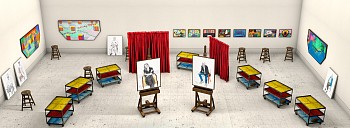 David Hockney -&nbsp;Seven Trollies, Six and a Half Stools, Six Portraits, Eleven Paintings, and Two Curtains