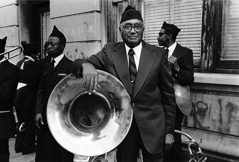 Dawoud Bey
Men from the 369th Regiment Marching Band, Harlem, NY, 1977
Gelatin silver print (black & white)
8 1/2 x 11 7/8 in. (21.6 x 30.2 cm)
Edition 1/10 + 2 APs From ""Harlem"" series
